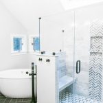 Soaking tub and tile detail within shower