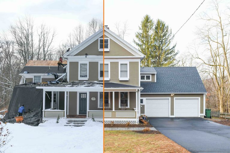 Before and after images of home with new siding and roofing